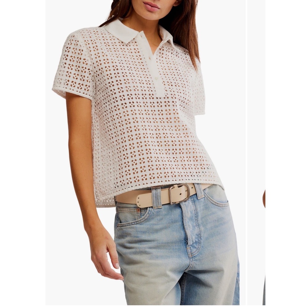 Free People Anna Cotton Eyelet‎ Polo Shirt Clean Ivory White XL OB2142937 NEW